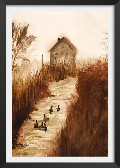 Affiche chemin de campagne et canards - Peinture aquarelle rustique