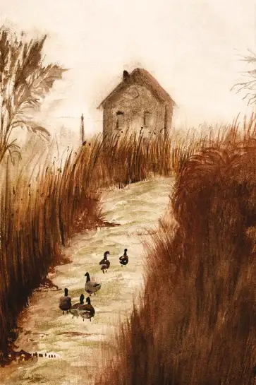 Affiche chemin de campagne et canards - Peinture aquarelle rustique