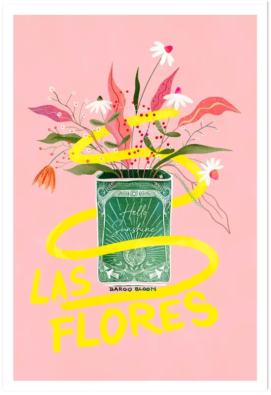 Affiche bouquet de fleurs Las Flores - Illustration pop rose et jaune