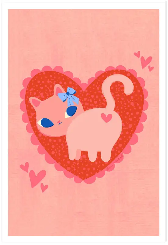 Affiche chat rose et cœur - Illustration pop rétro romantique