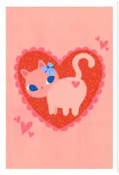 Affiche chat rose et cœur - Illustration pop rétro romantique