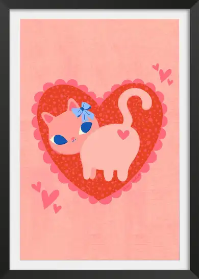 Affiche chat rose et cœur - Illustration pop rétro romantique