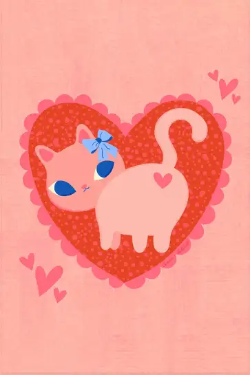 Affiche chat rose et cœur - Illustration pop rétro romantique