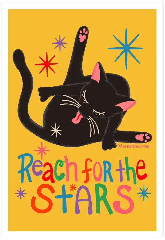 Affiche chat noir Reach For The Stars - Illustration ludique rétro
