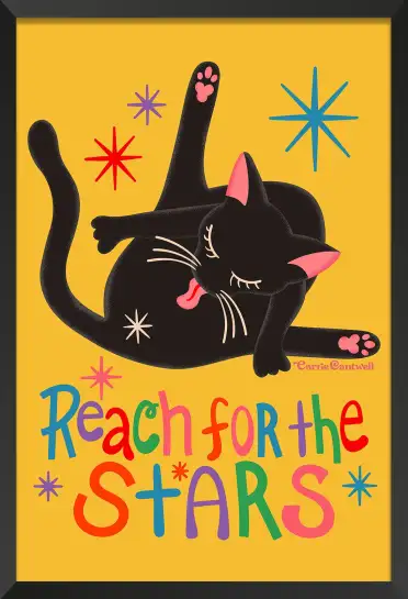 Affiche chat noir Reach For The Stars - Illustration ludique rétro