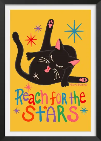 Affiche chat noir Reach For The Stars - Illustration ludique rétro