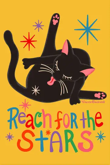 Affiche chat noir Reach For The Stars - Illustration ludique rétro