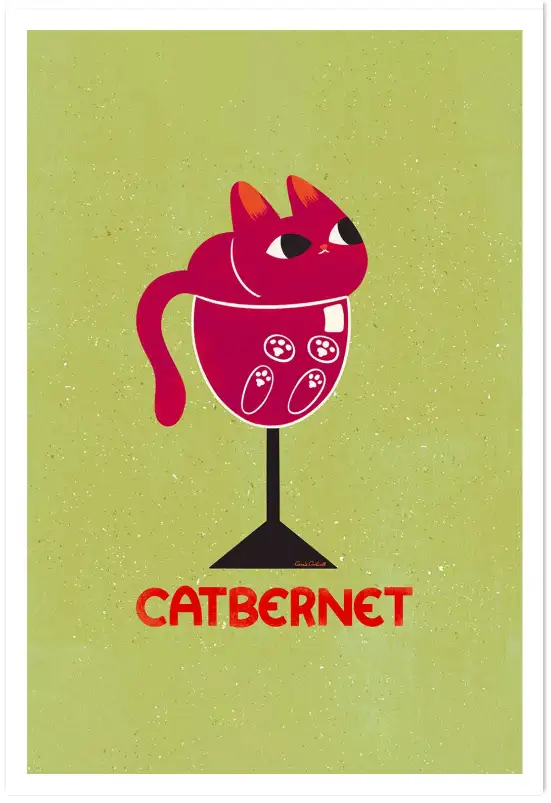 Affiche chat Catbernet - Illustration humoristique verre de vin