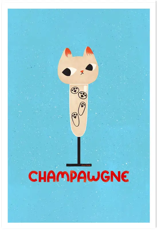 Affiche chat Champawgne - Illustration décalée verre de champagne