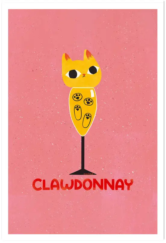Affiche chat Clawdonnay - Illustration ludique verre de vin blanc