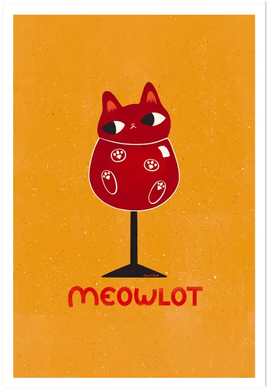 Affiche chat Meowlot - Illustration colorée verre de vin