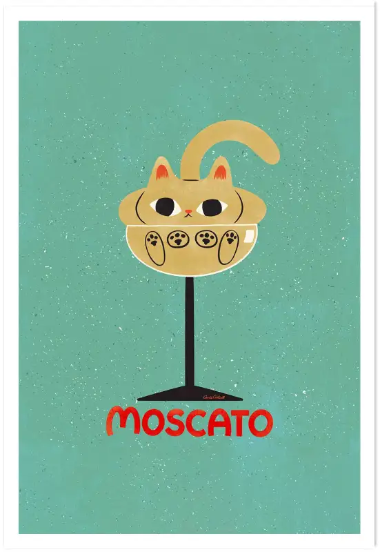 Affiche chat Moscato - Illustration vintage coupe de vin