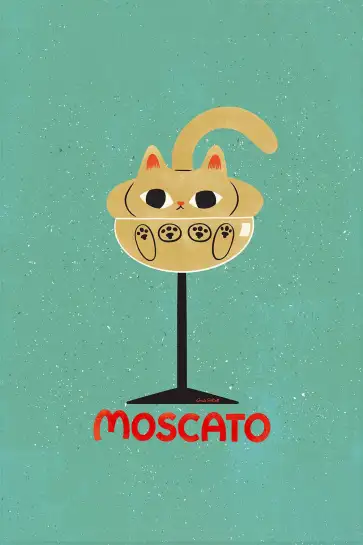 Affiche chat Moscato - Illustration vintage coupe de vin