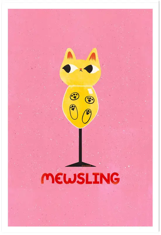 Affiche chat Mewsling - Illustration originale verre de vin blanc