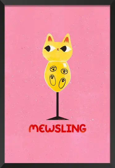Affiche chat Mewsling - Illustration originale verre de vin blanc
