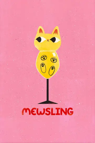 Affiche chat Mewsling - Illustration originale verre de vin blanc