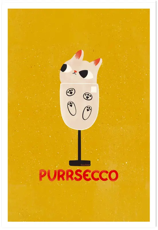 Affiche chat Purrsecco - Illustration originale verre de prosecco