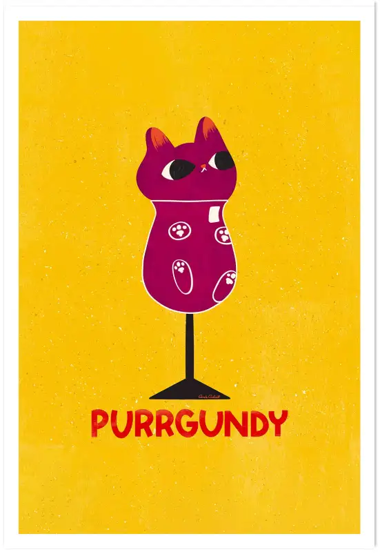 Affiche chat Purrgundy - Illustration pop verre de vin rouge