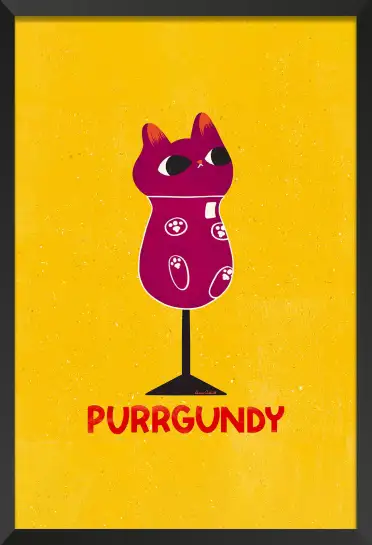 Affiche chat Purrgundy - Illustration pop verre de vin rouge