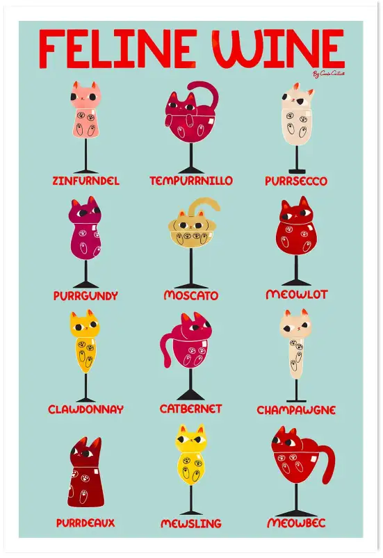 Affiche feline wine - poster cartel chats et verres de vin