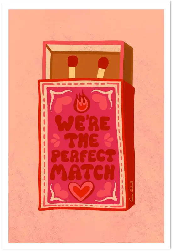 Affiche boite allumettes perfect match - illustration amour rétro