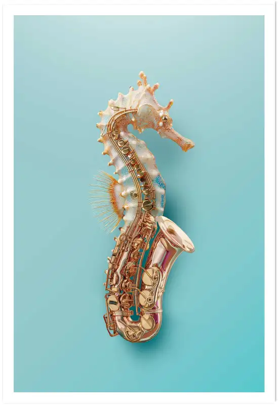 Affiche hippocampe saxophone - illustration musique & mer