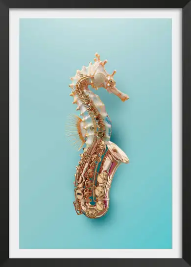Affiche hippocampe saxophone - illustration musique & mer