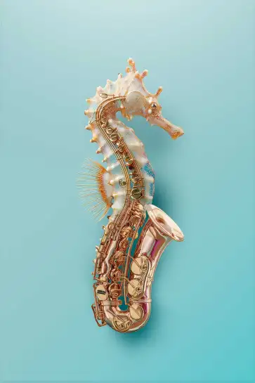 Affiche hippocampe saxophone - illustration musique & mer