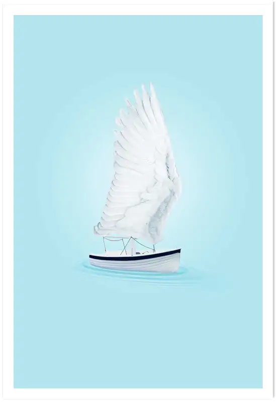 Affiche bateau ailes d'oiseau - illustration poétique bleue
