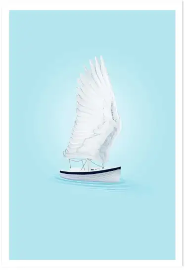 Affiche bateau ailes d'oiseau - illustration poétique bleue