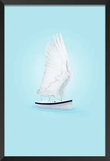 Affiche bateau ailes d'oiseau - illustration poétique bleue