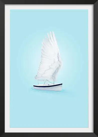 Affiche bateau ailes d'oiseau - illustration poétique bleue
