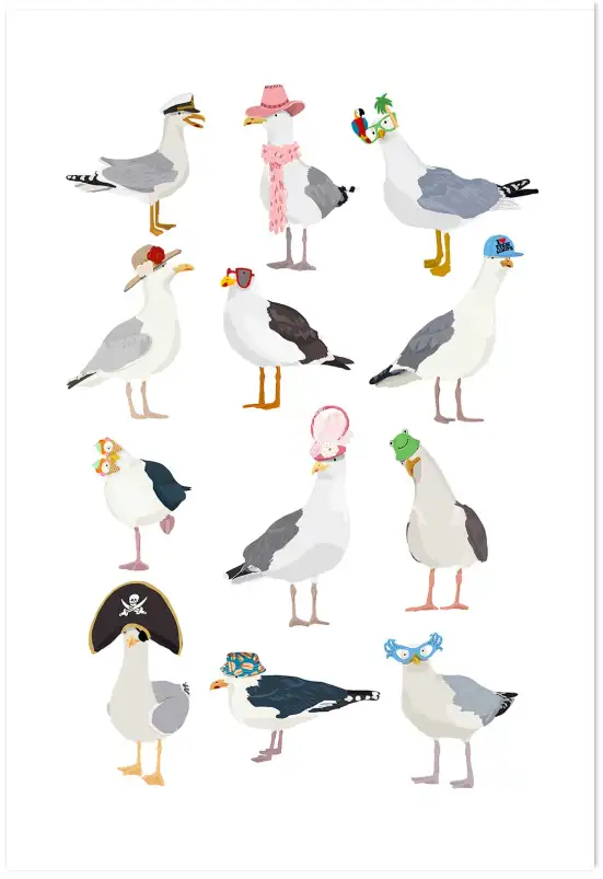 Affiche mouettes lookées - illustration humour animaux