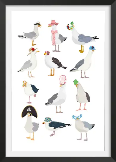 Affiche mouettes lookées - illustration humour animaux