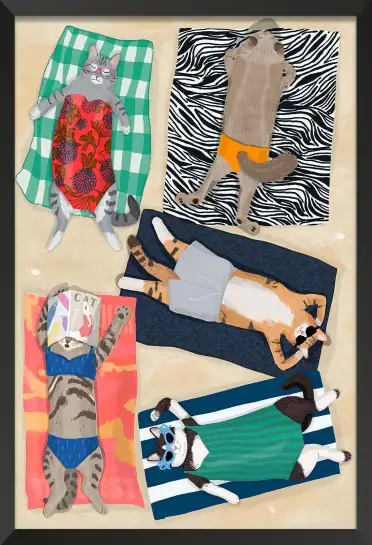Affiche chats bain de soleil - design plage et humour