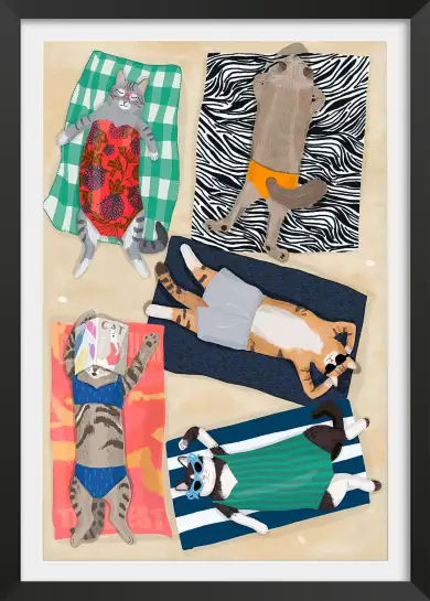 Affiche chats bain de soleil - design plage et humour