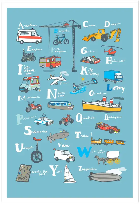 Affiche alphabet véhicules - abc transports bleu