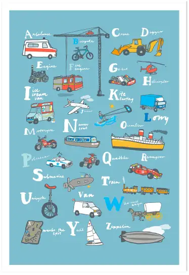 Affiche alphabet véhicules - abc transports bleu