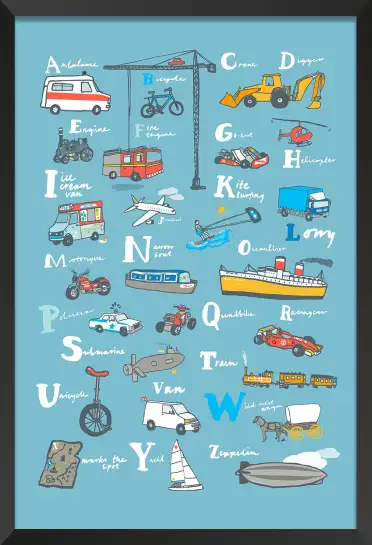 Affiche alphabet véhicules - abc transports bleu