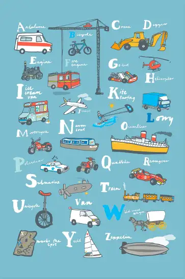 Affiche alphabet véhicules - abc transports bleu