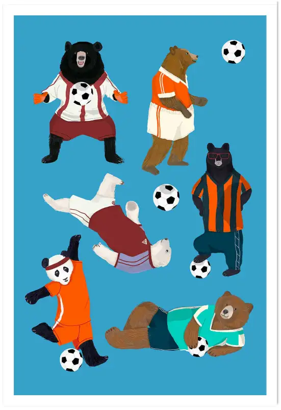 Affiche Ours Footballeurs - Illustration Sport & Ballon Bleu
