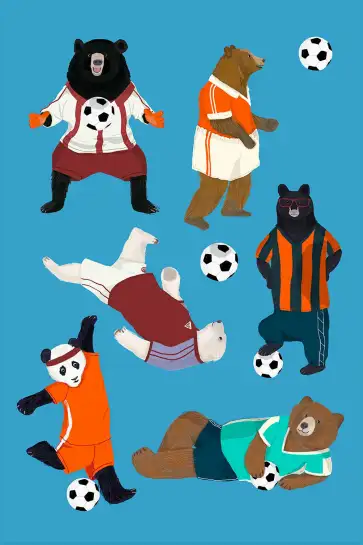 Affiche Ours Footballeurs - Illustration Sport & Ballon Bleu