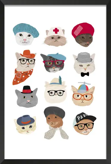 Affiche Portraits de Chats Lookés - Illustration Chapeaux & Lunettes