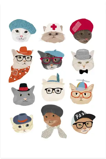 Affiche Portraits de Chats Lookés - Illustration Chapeaux & Lunettes