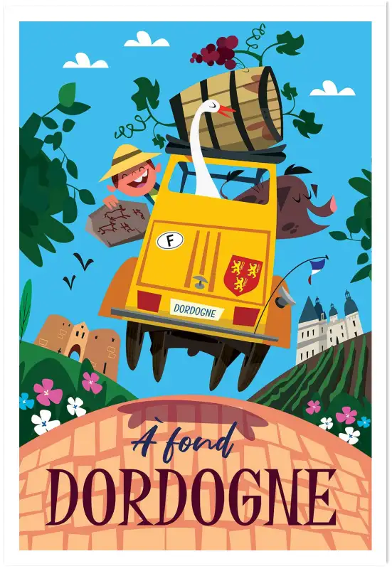Affiche vintage La Dordogne - poster illustré vignoble château