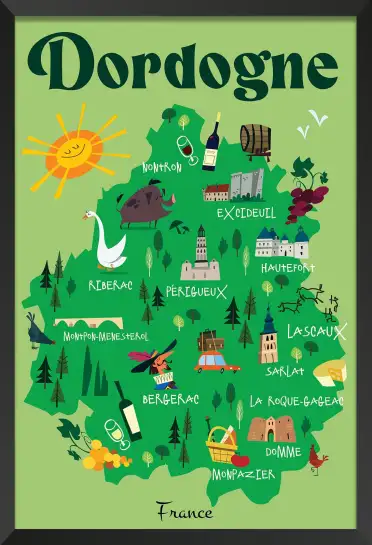 Affiche carte dordogne-poster carte illustrée périgord