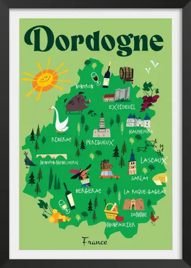 Affiche carte dordogne-poster carte illustrée périgord