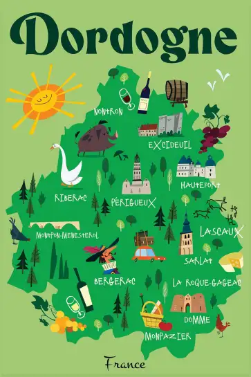 Affiche carte dordogne-poster carte illustrée périgord