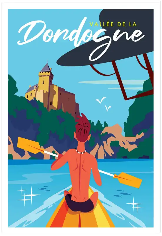 Affiche vallée dordogne vintage-poster canoë périgord
