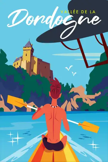 Affiche vallée dordogne vintage-poster canoë périgord